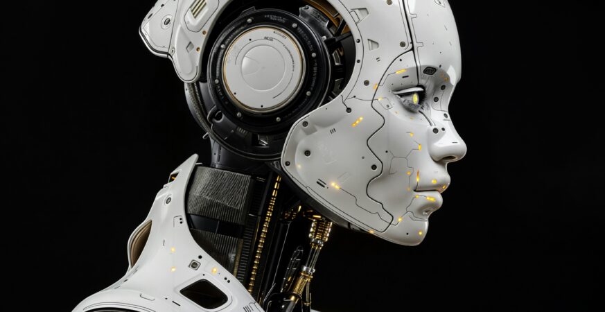 Imaginea unui robot de culoare albă, cu trăsături umane.