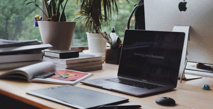 Pe un birou sunt așezate un laptop, o tabletă, un calulator, cărți și hârtii, în spate mai multe plante în ghiveci.