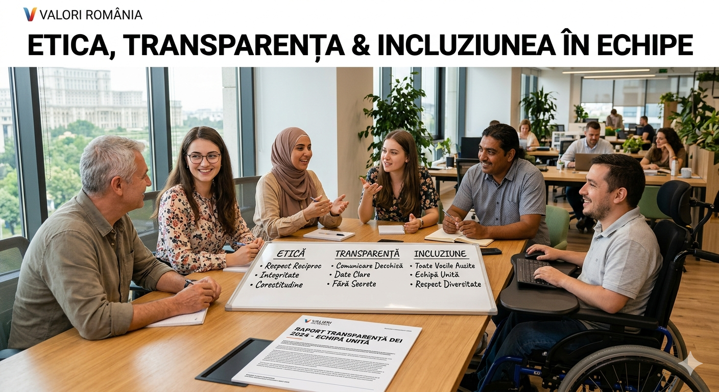 Echipă în ședință despre etică, transparență și incluziune